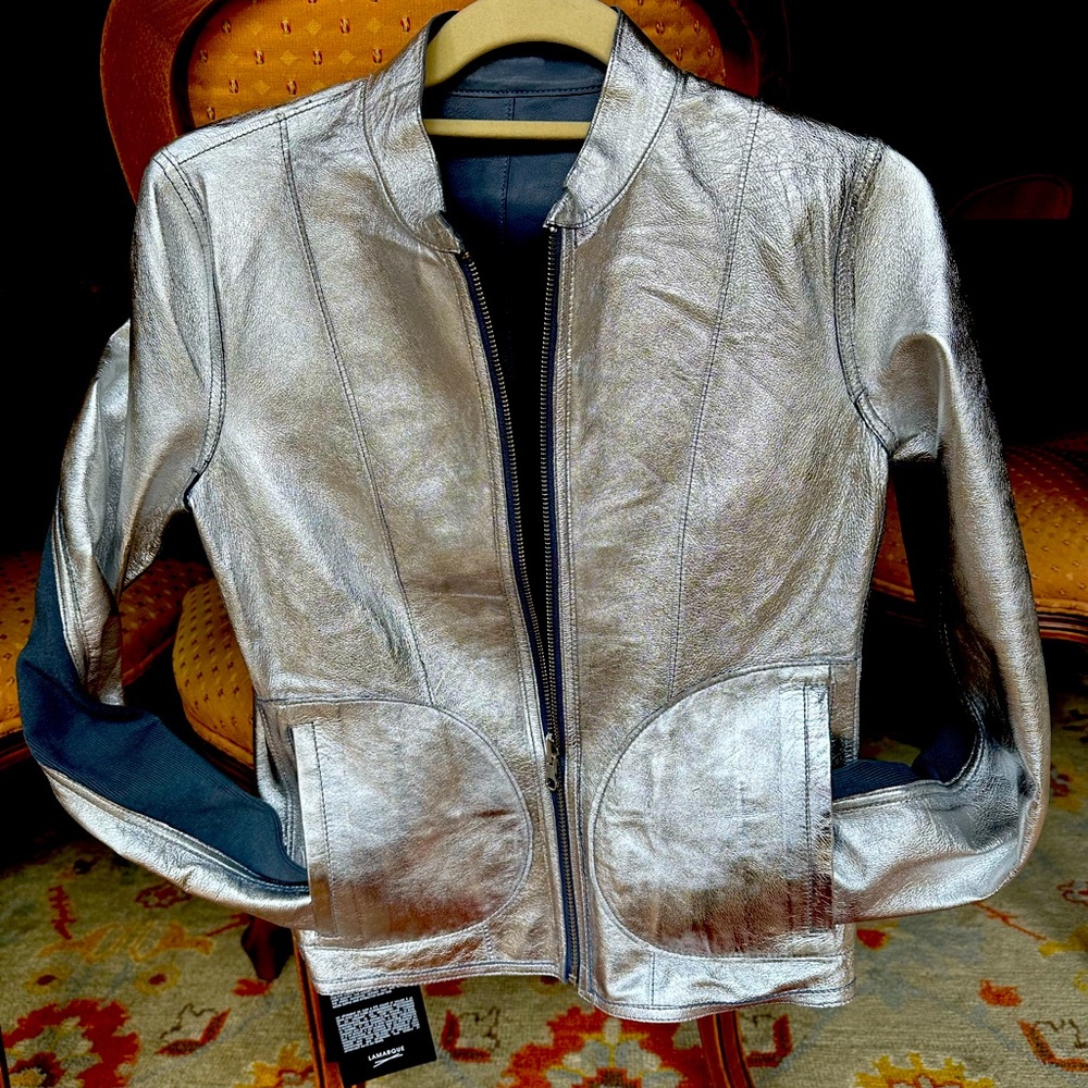 Chapin Reversible Leather Bomber. Smoked blue and silver. XS.  Brand New.